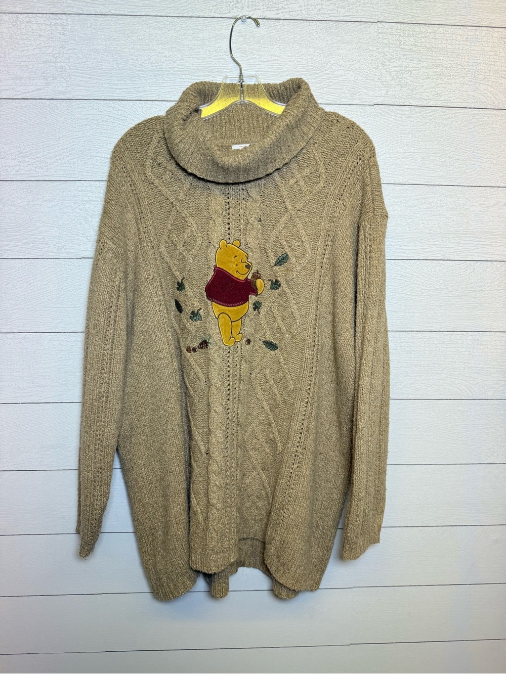Vtg Disney Beige Cable Knit Turtleneck Sweater Winnie the Pooh Silk Mohair XXL